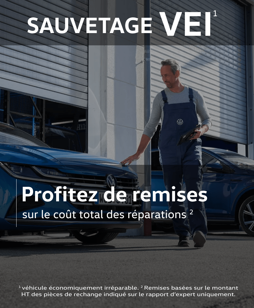 affiche sauvetage véhicule économiquement irréparable volkswagen - homme et deux voitures